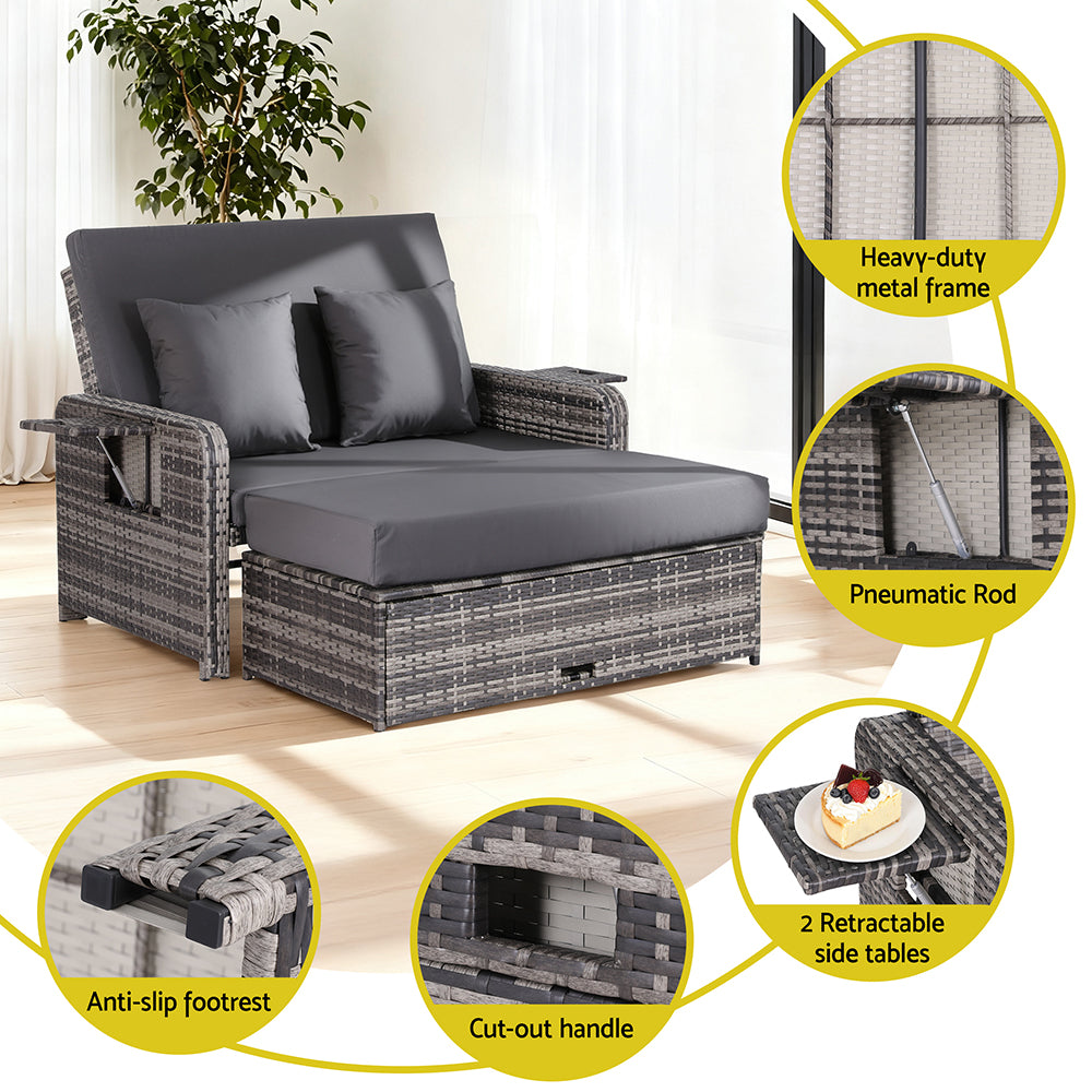 Sofas & Sofa Beds: Gardeon Outdoor Day Bed Sun Lounge Setting Wicker Lounger Patio Furniture Grey