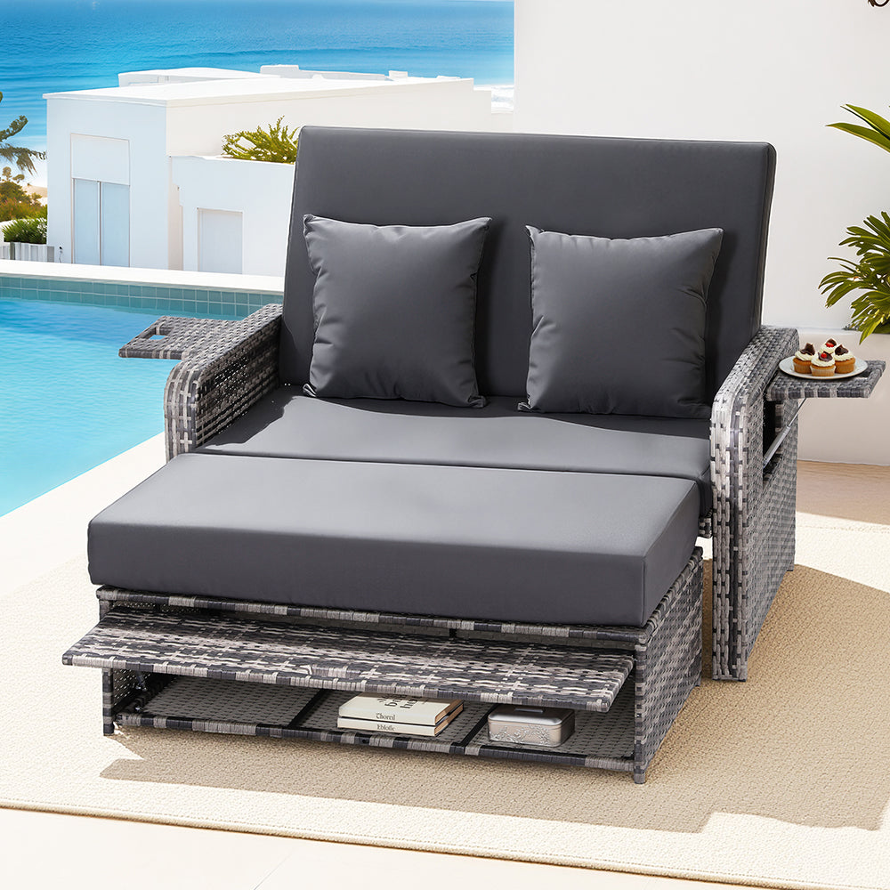 Sofas & Sofa Beds: Gardeon Outdoor Day Bed Sun Lounge Setting Wicker Lounger Patio Furniture Grey