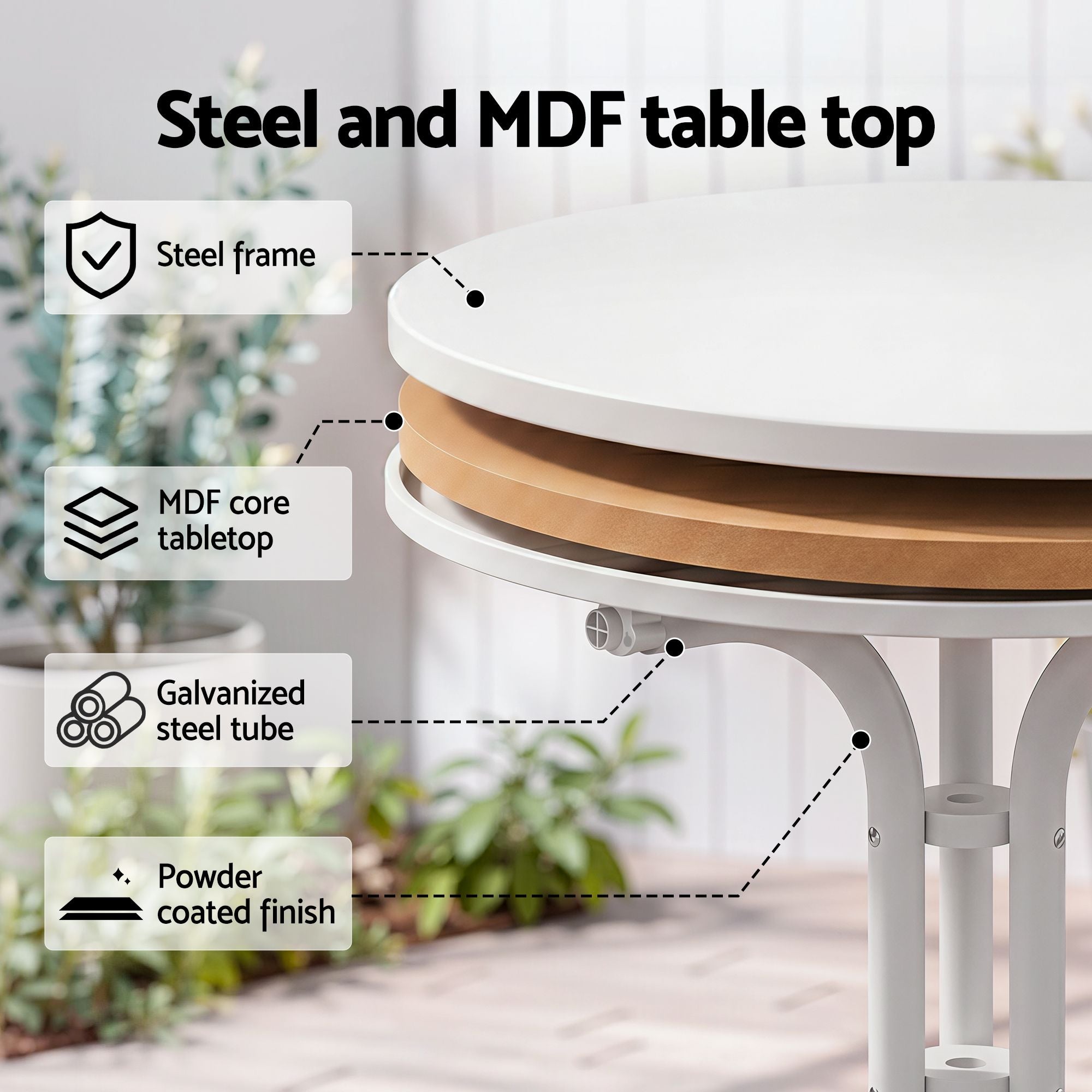 Gardeon Outdoor Side Table 80cm Folding Steel Round Bistro Desk Cafe Patio Furniture White