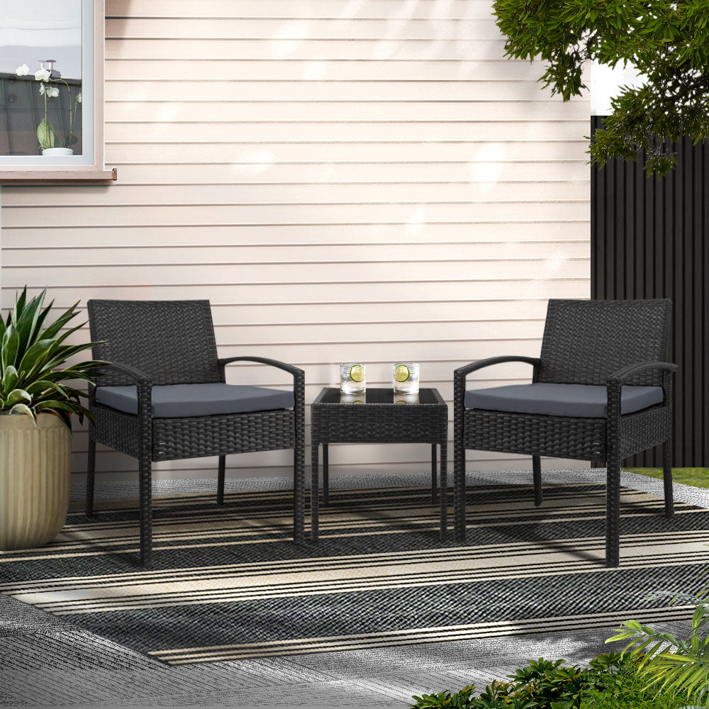 Outdoor Sofas & Lounge Sets: Gardeon 3PC Patio Furniture Bistro Set Wicker Outdoor Lounge Setting Black