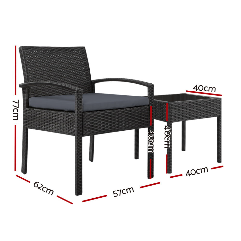 Outdoor Sofas & Lounge Sets: Gardeon 3PC Patio Furniture Bistro Set Wicker Outdoor Lounge Setting Black
