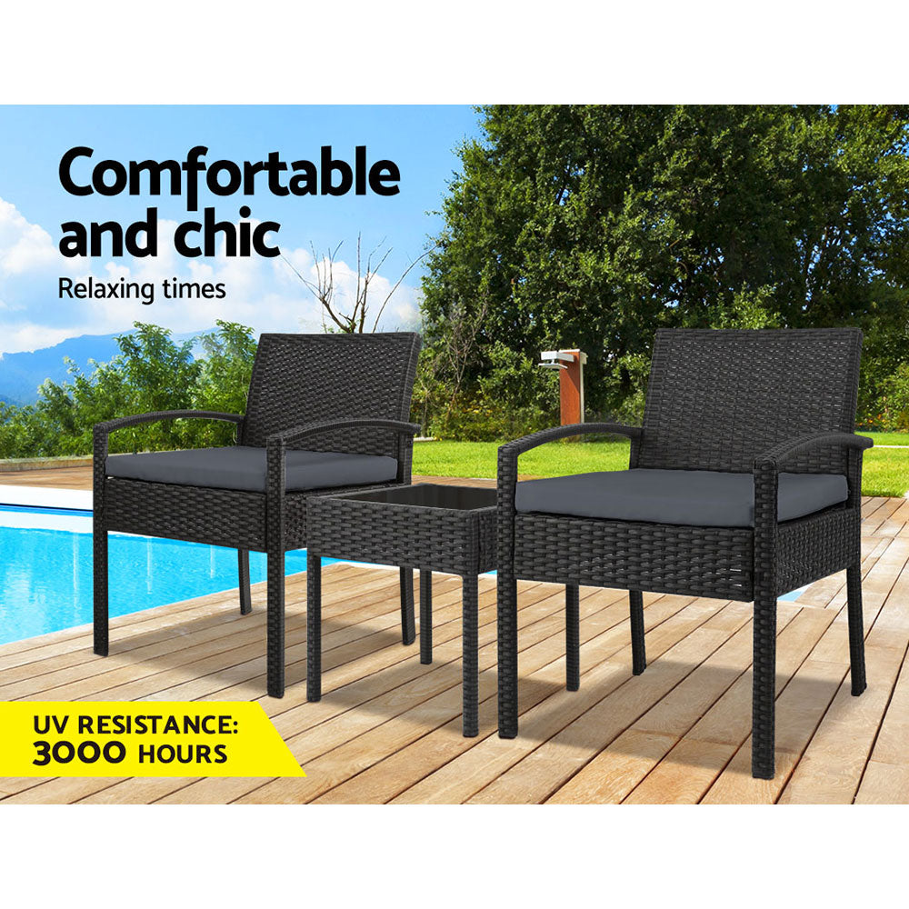 Outdoor Sofas & Lounge Sets: Gardeon 3PC Patio Furniture Bistro Set Wicker Outdoor Lounge Setting Black