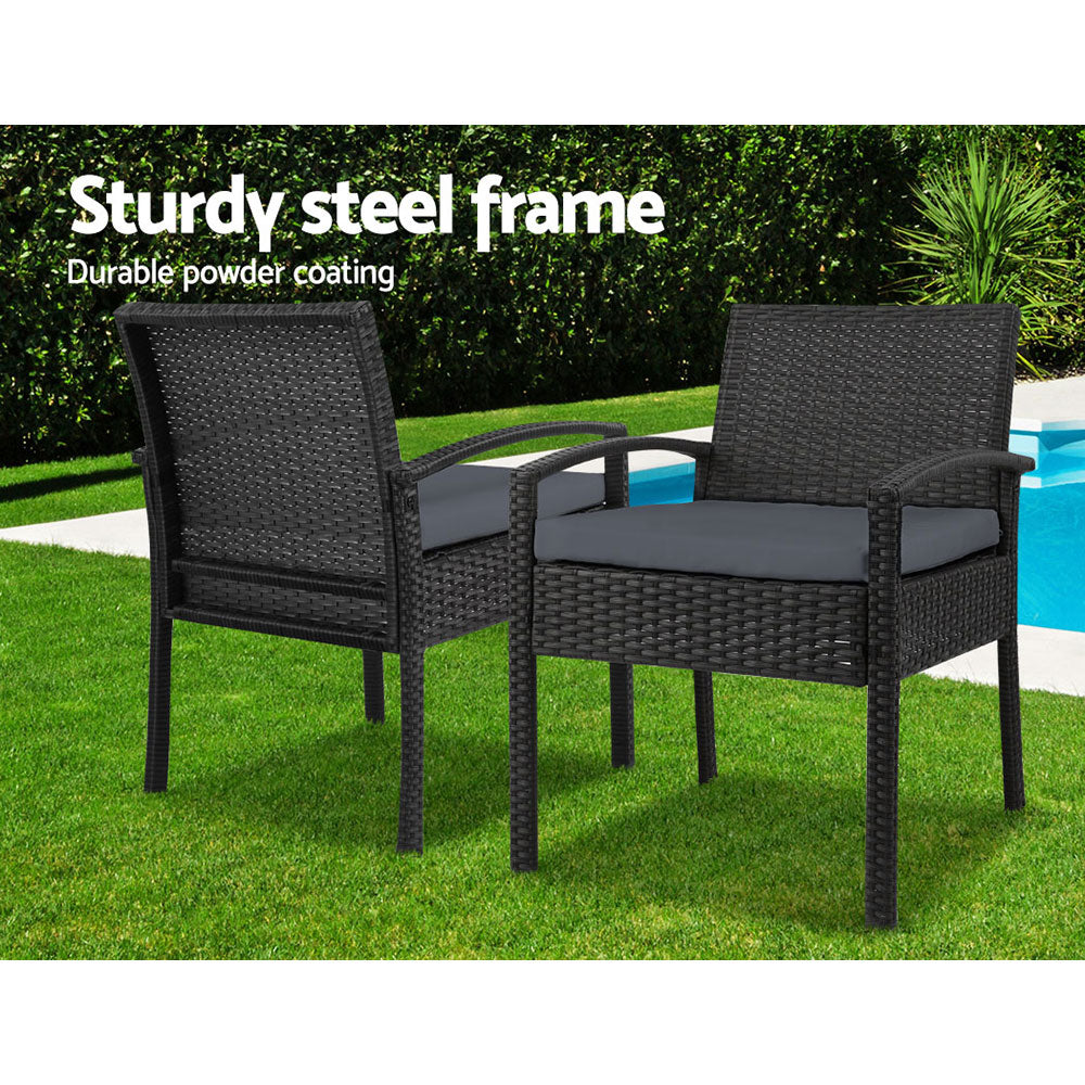 Outdoor Sofas & Lounge Sets: Gardeon 3PC Patio Furniture Bistro Set Wicker Outdoor Lounge Setting Black