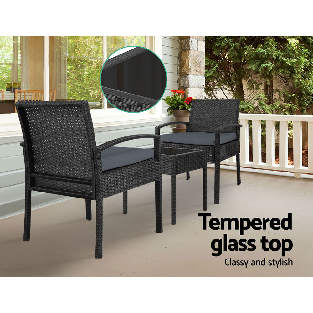 Outdoor Sofas & Lounge Sets: Gardeon 3PC Patio Furniture Bistro Set Wicker Outdoor Lounge Setting Black