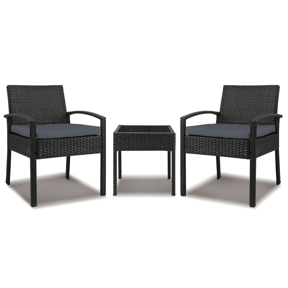 Outdoor Sofas & Lounge Sets: Gardeon 3PC Patio Furniture Bistro Set Wicker Outdoor Lounge Setting Black