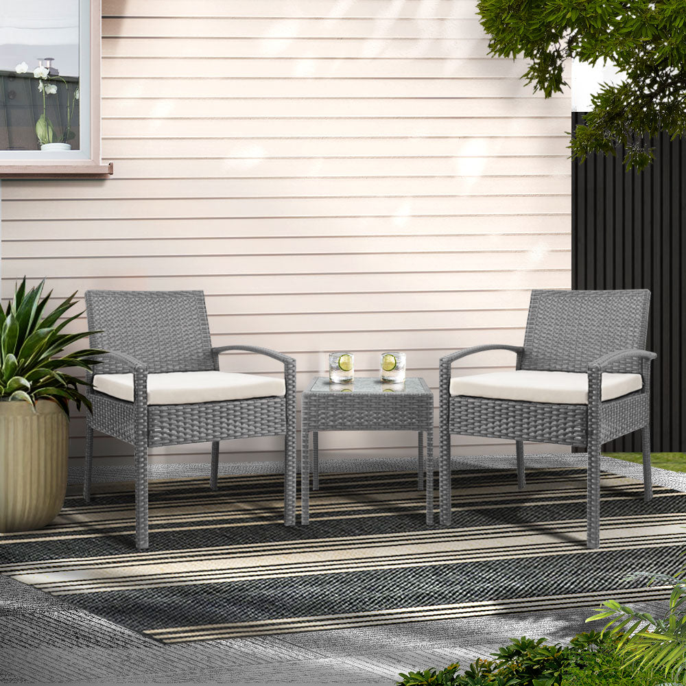 Outdoor Sofas & Lounge Sets: Gardeon 3PC Patio Furniture Bistro Set Wicker Outdoor Lounge Setting Grey