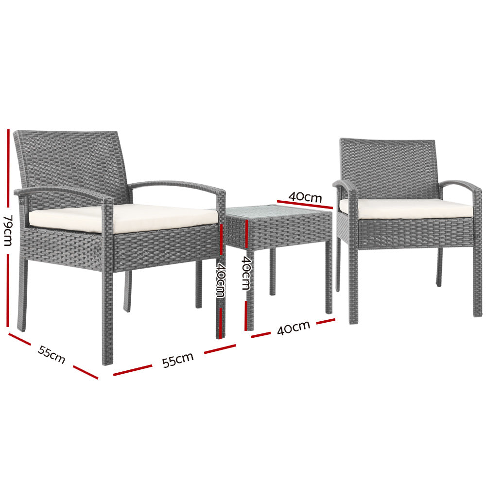 Outdoor Sofas & Lounge Sets: Gardeon 3PC Patio Furniture Bistro Set Wicker Outdoor Lounge Setting Grey