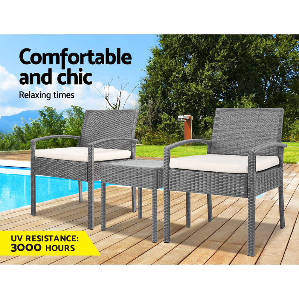 Outdoor Sofas & Lounge Sets: Gardeon 3PC Patio Furniture Bistro Set Wicker Outdoor Lounge Setting Grey