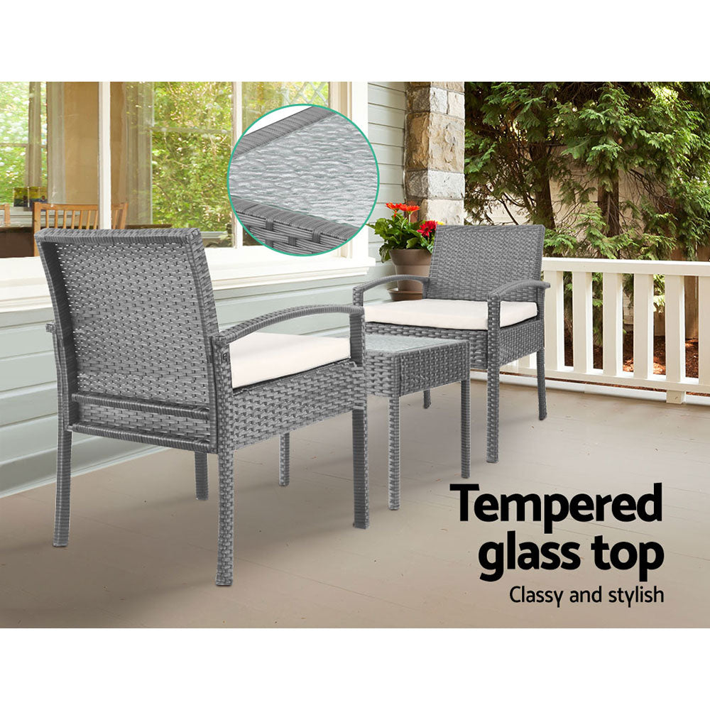 Outdoor Sofas & Lounge Sets: Gardeon 3PC Patio Furniture Bistro Set Wicker Outdoor Lounge Setting Grey