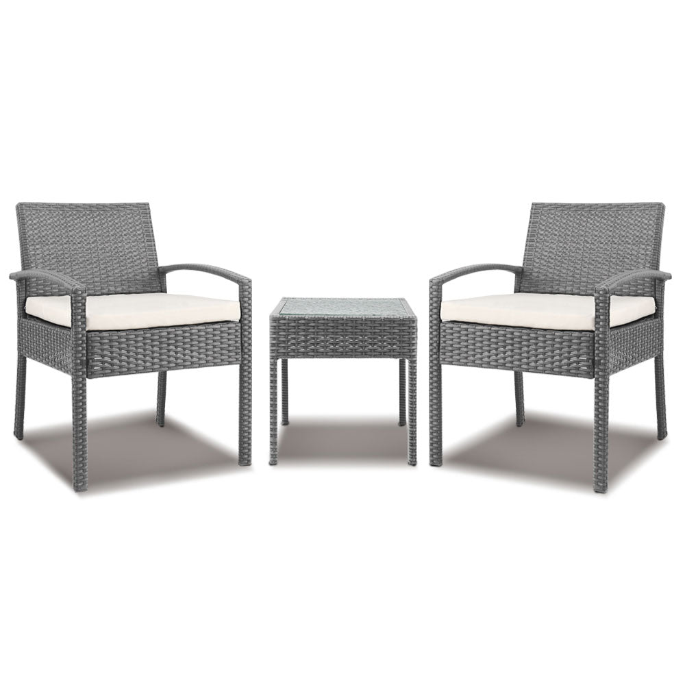 Outdoor Sofas & Lounge Sets: Gardeon 3PC Patio Furniture Bistro Set Wicker Outdoor Lounge Setting Grey