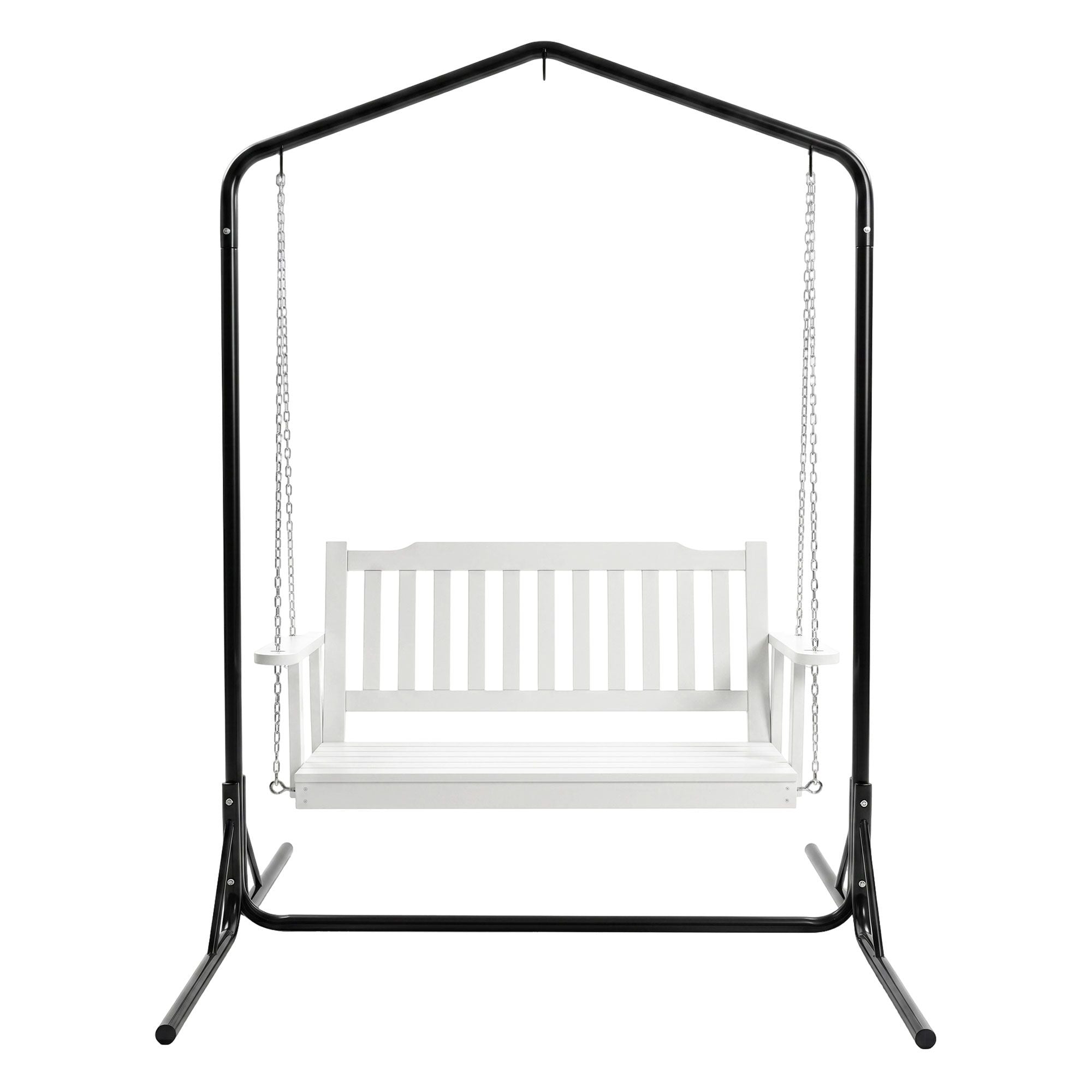 Gardeon Wooden 2-Seater Outdoor Swing Chair with Black Stand White Hanging Chair