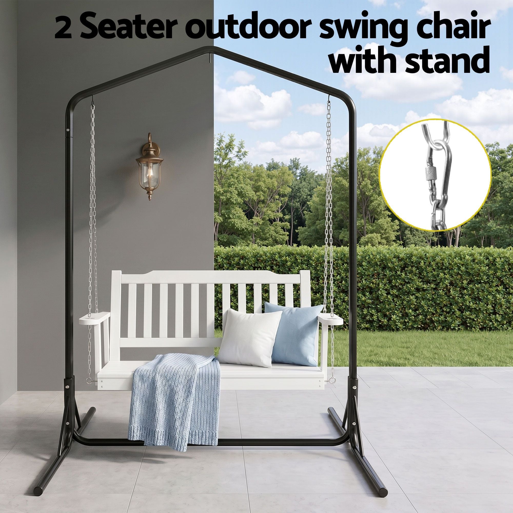 Gardeon Wooden 2-Seater Outdoor Swing Chair with Black Stand White Hanging Chair