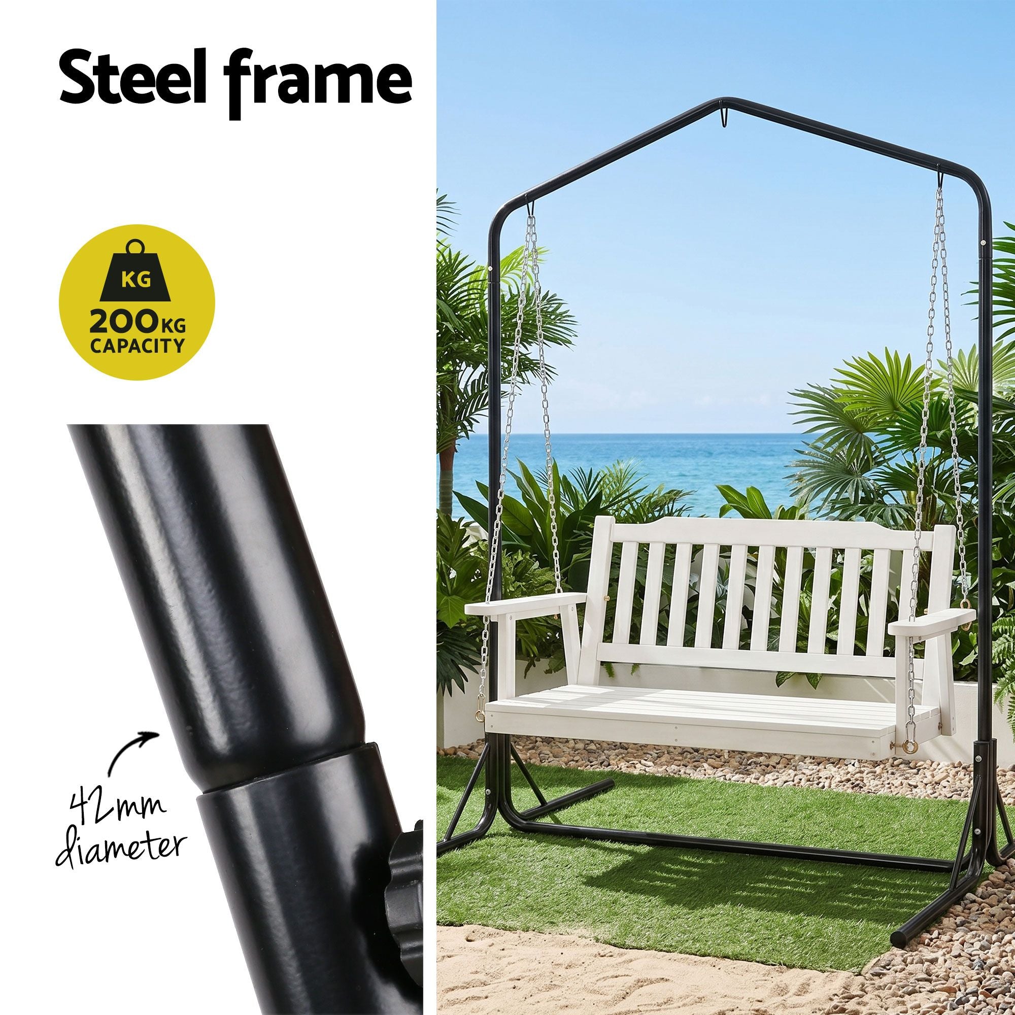 Gardeon Wooden 2-Seater Outdoor Swing Chair with Black Stand White Hanging Chair