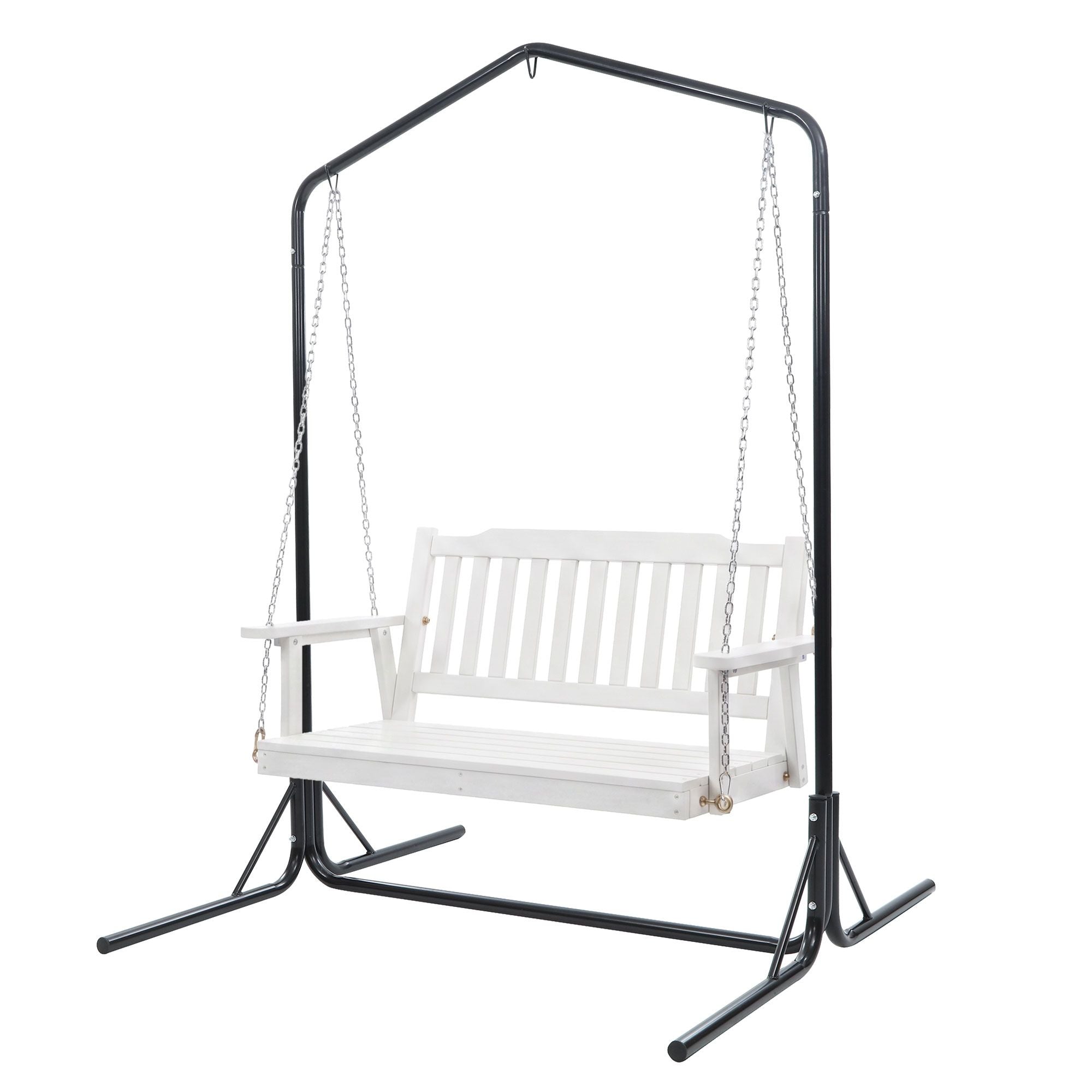 Gardeon Wooden 2-Seater Outdoor Swing Chair with Black Stand White Hanging Chair