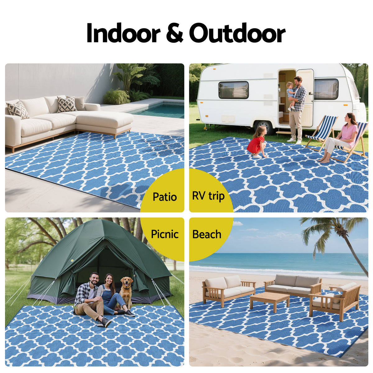 Gardeon Outdoor Rugs 274x366cm Large Carpet Reversible Area Mat PP Dual-Sided Patio Rug Blue