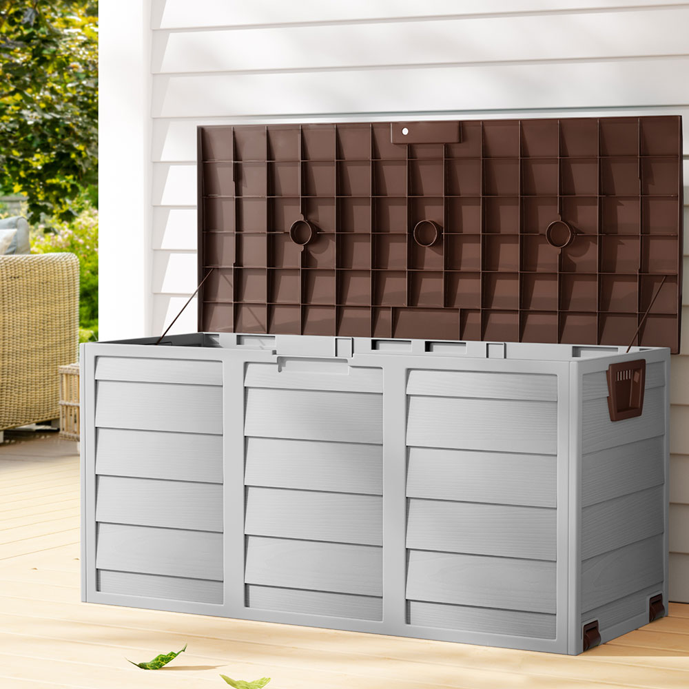 Outdoor Storage Boxes: Gardeon Outdoor Storage Box 290L Lockable Organiser Garden Deck Shed Tool Brown