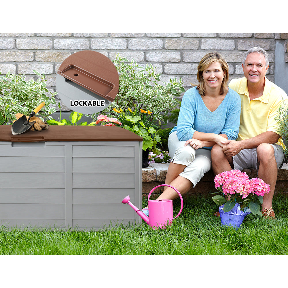 Outdoor Storage Boxes: Gardeon Outdoor Storage Box 290L Lockable Organiser Garden Deck Shed Tool Brown