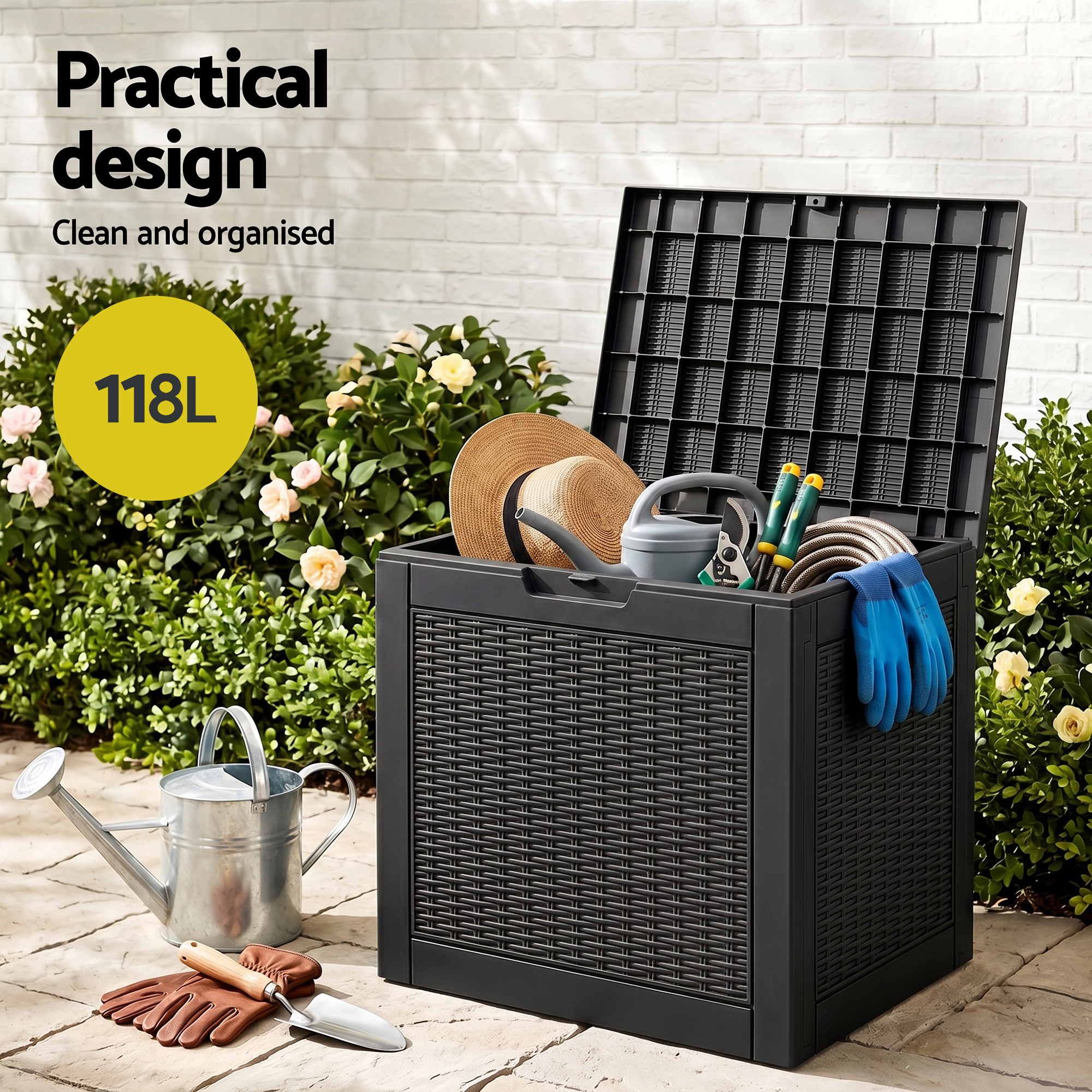 Gardeon Outdoor Storage Box 118L Container Lockable Garden Toy Tool Rattan-Texture Black