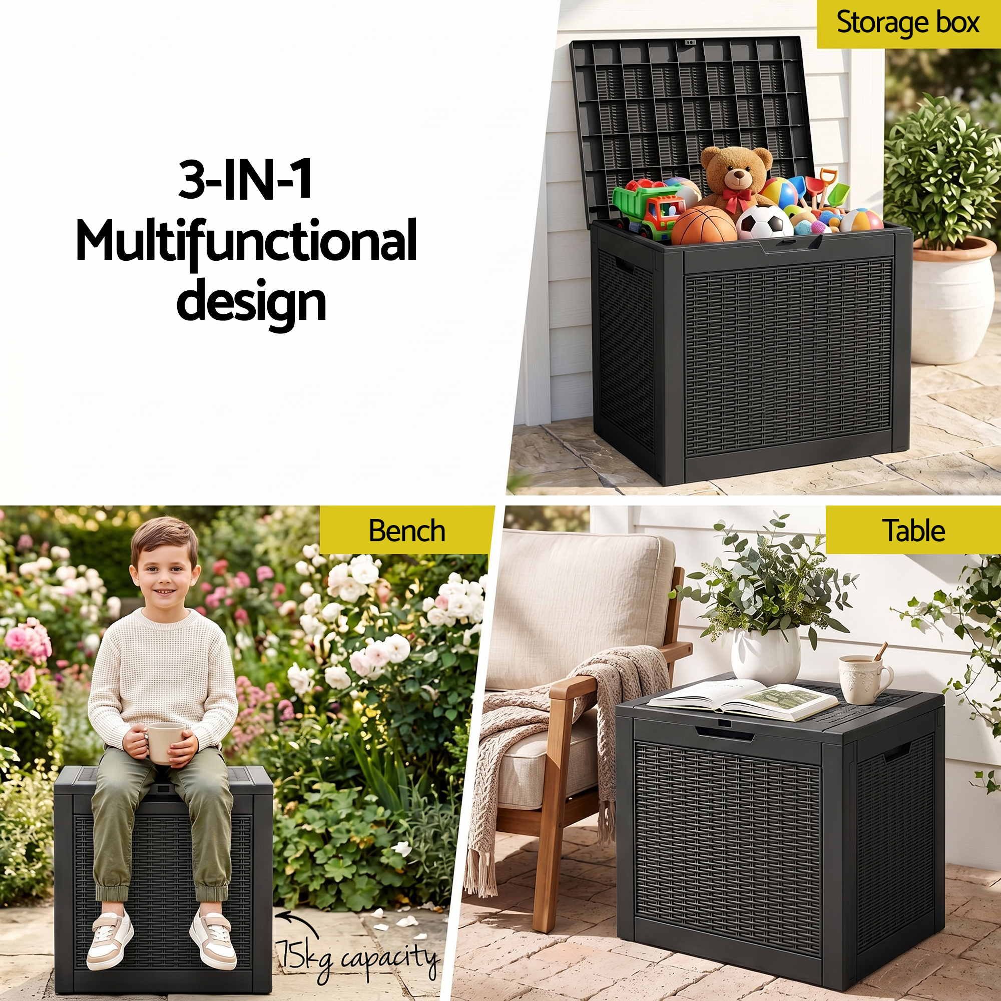 Gardeon Outdoor Storage Box 118L Container Lockable Garden Toy Tool Rattan-Texture Black