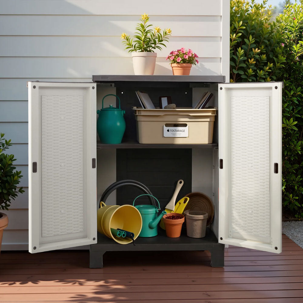 Storage Cabinets & Lockers: Gardeon Outdoor Storage Cabinet Box 92cm Lockable Cupboard Sheds Adjustable Rattan Beige