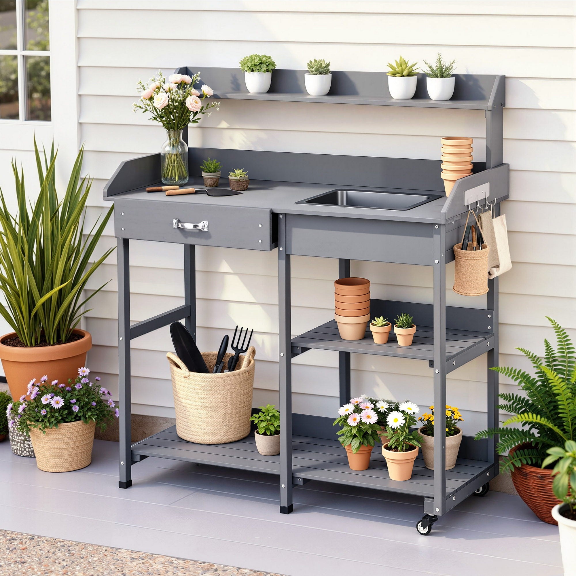 Storage Cabinets & Lockers: Gardeon Outdoor Potting Bench Table Storage Cabinet Potters Garden Workstation Grey
