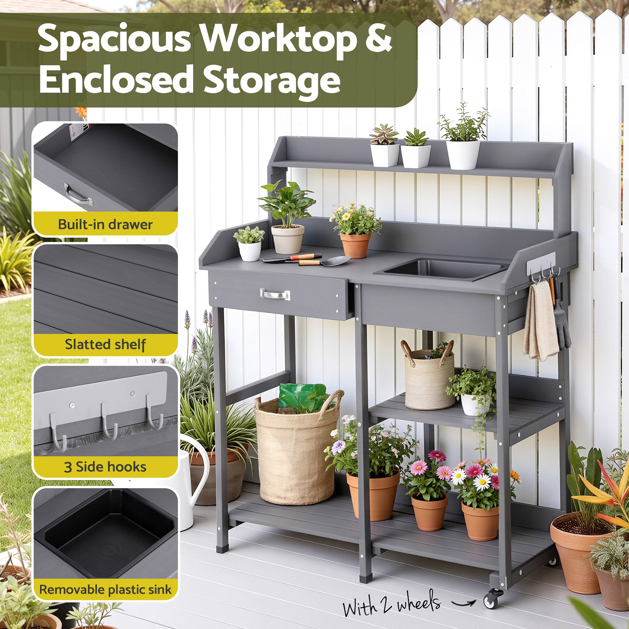 Storage Cabinets & Lockers: Gardeon Outdoor Potting Bench Table Storage Cabinet Potters Garden Workstation Grey