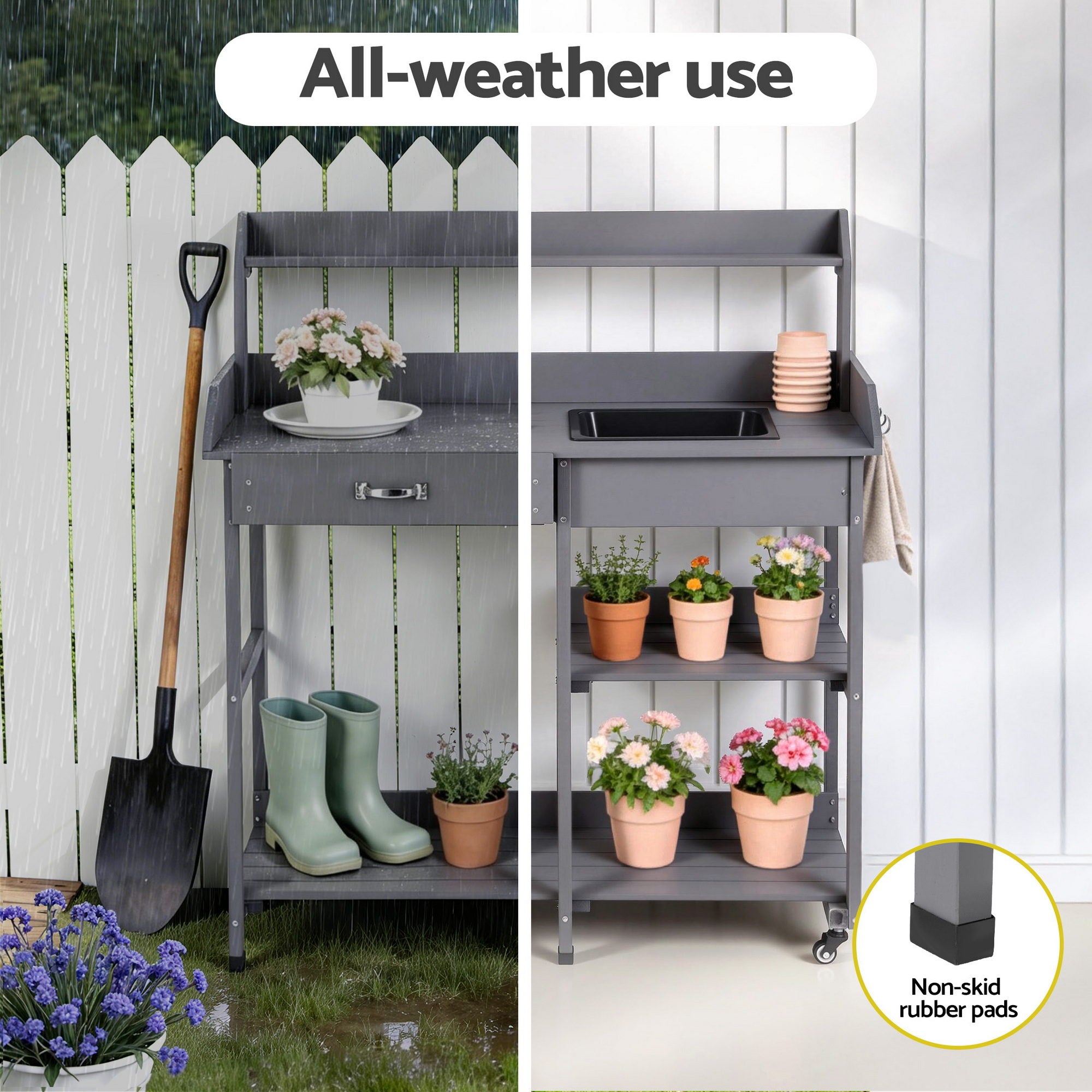 Storage Cabinets & Lockers: Gardeon Outdoor Potting Bench Table Storage Cabinet Potters Garden Workstation Grey