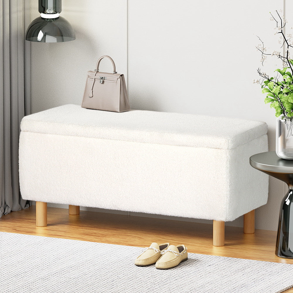 Ottomans & Footstools: Artiss Storage Ottoman Blanket Box 99cm Teddy Fabric White