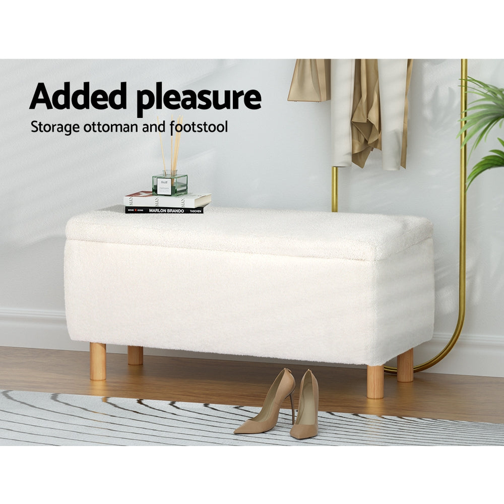 Ottomans & Footstools: Artiss Storage Ottoman Blanket Box 99cm Teddy Fabric White