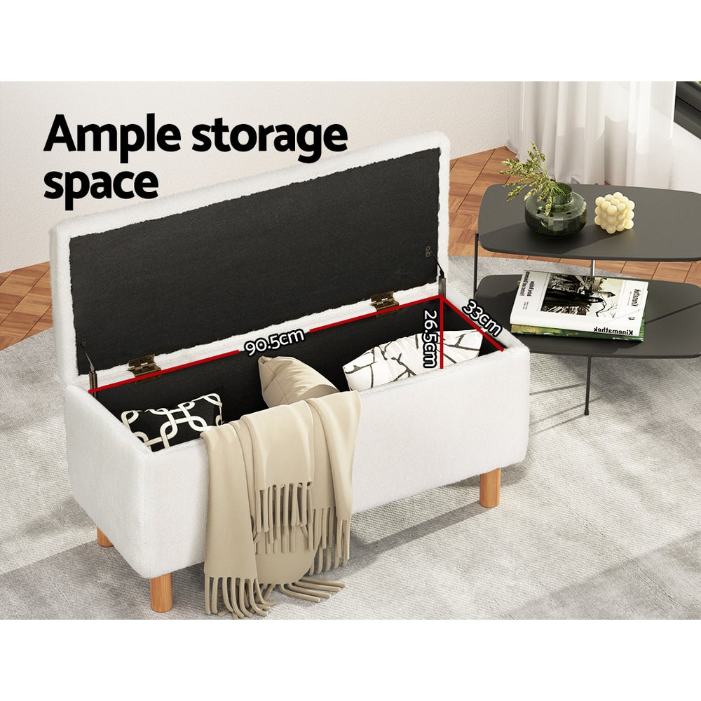 Ottomans & Footstools: Artiss Storage Ottoman Blanket Box 99cm Teddy Fabric White