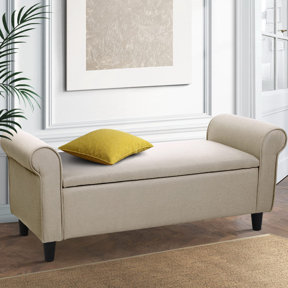 Ottomans & Footstools: Artiss Storage Ottoman Blanket Box 125cm Arm Linen Taupe