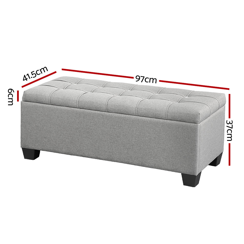 Ottomans & Footstools: Artiss Storage Ottoman Blanket Box 97cm Button Linen Grey