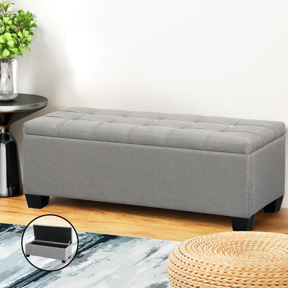 Ottomans & Footstools: Artiss Storage Ottoman Blanket Box 97cm Button Linen Grey