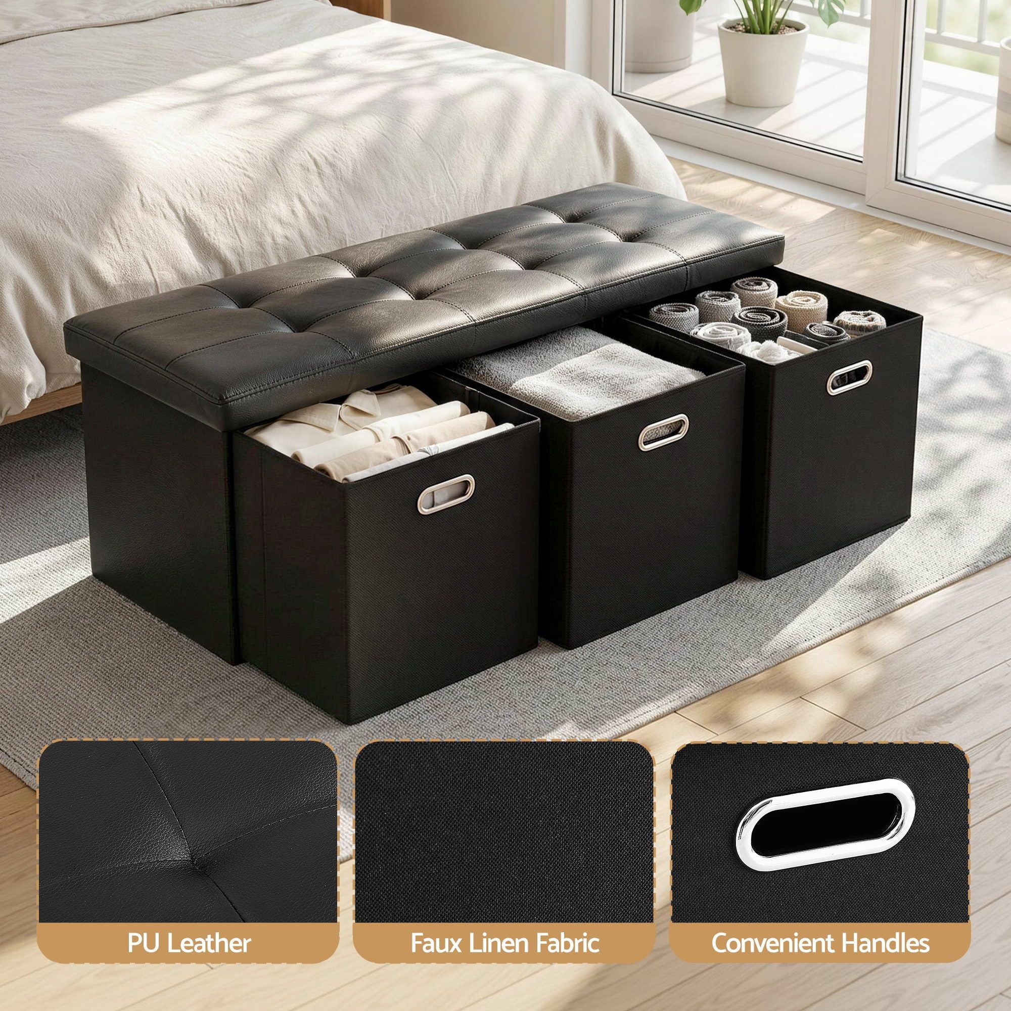 Artiss Storage Ottoman with 3 Cube Drawers Foot Stool Rest Foldable Black