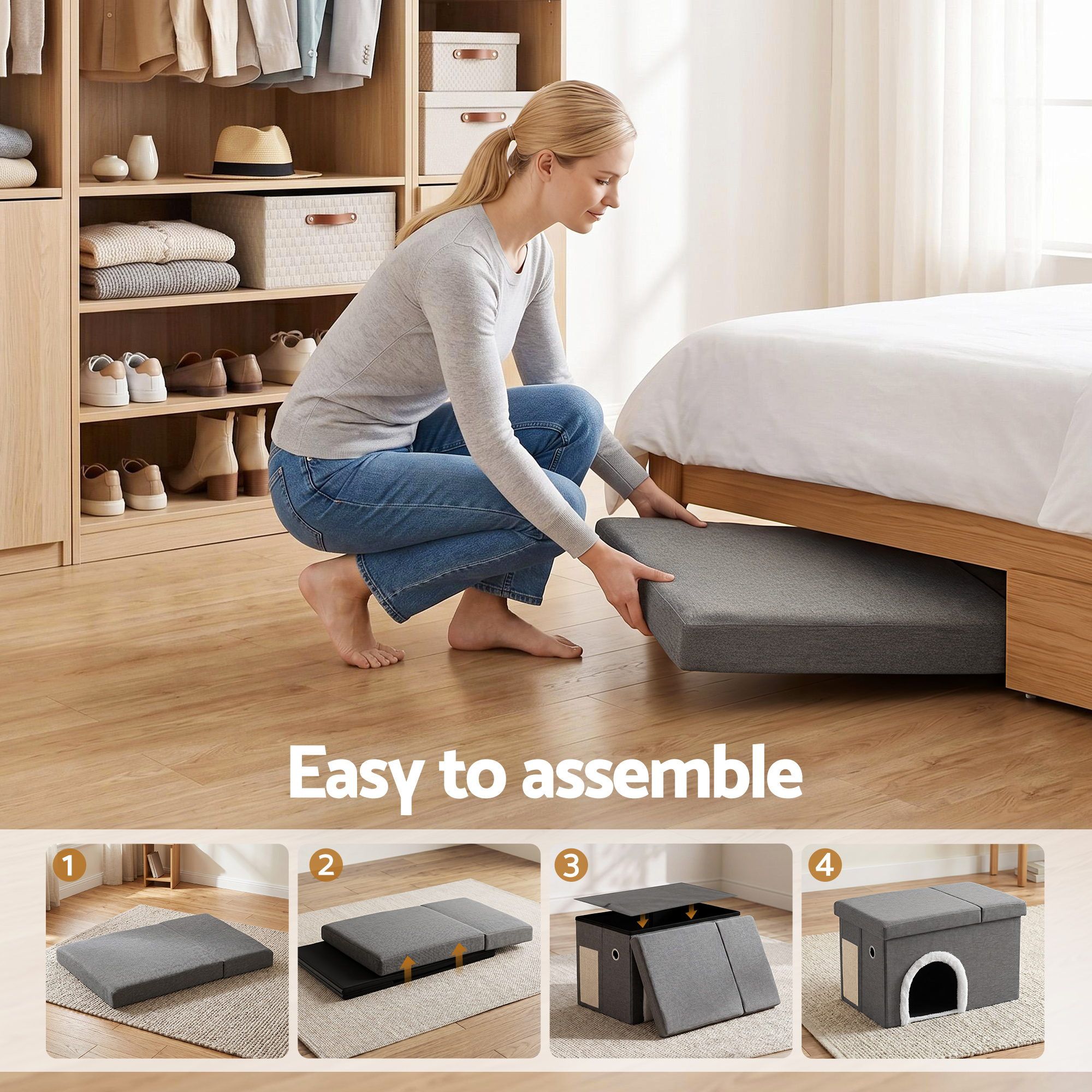 Artiss Storage Ottoman Foot Stool Cat Litter Box Enclosure Foldable Grey