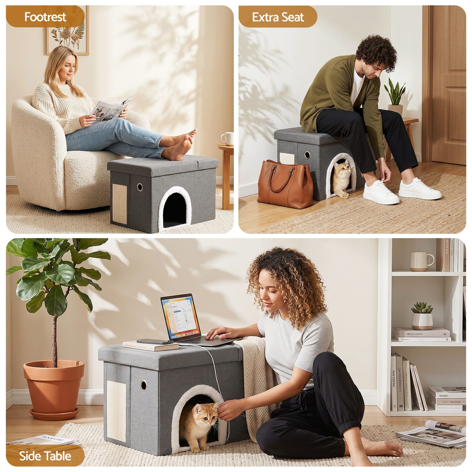 Artiss Storage Ottoman Foot Stool Cat Litter Box Enclosure Foldable Grey
