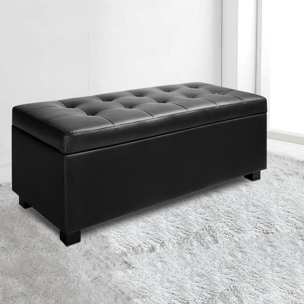 Ottomans & Footstools: Artiss Storage Ottoman Blanket Box 97cm Leather Black
