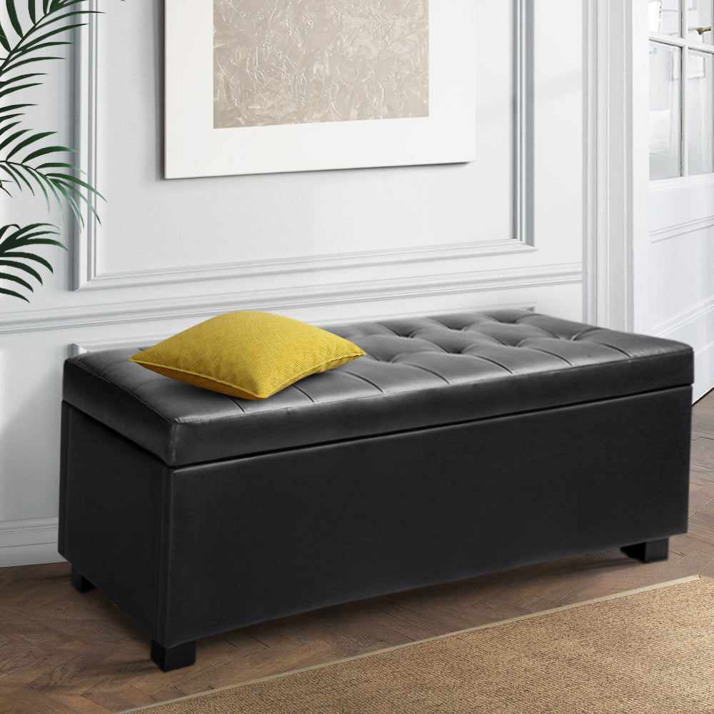Ottomans & Footstools: Artiss Storage Ottoman Blanket Box 97cm Leather Black