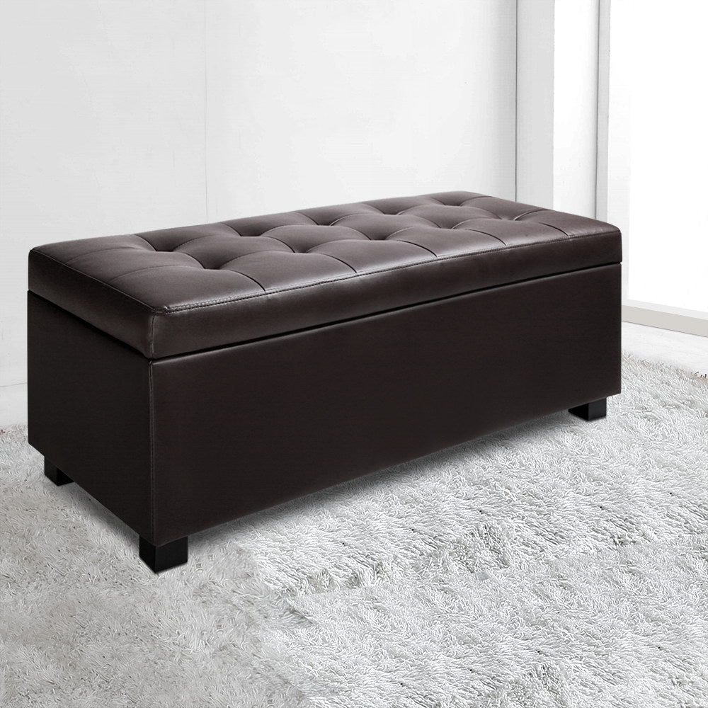 Ottomans & Footstools: Artiss Storage Ottoman Blanket Box 97cm Leather Brown