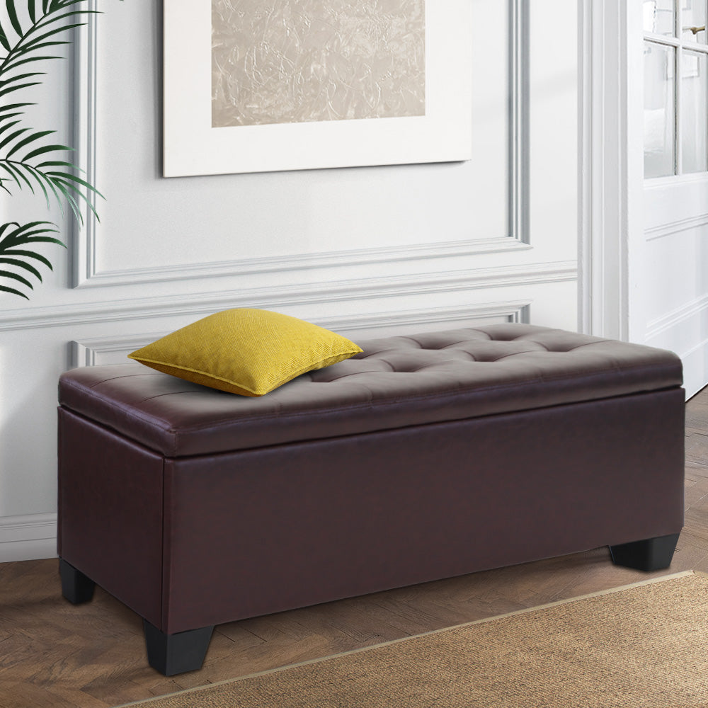 Ottomans & Footstools: Artiss Storage Ottoman Blanket Box 97cm Leather Brown