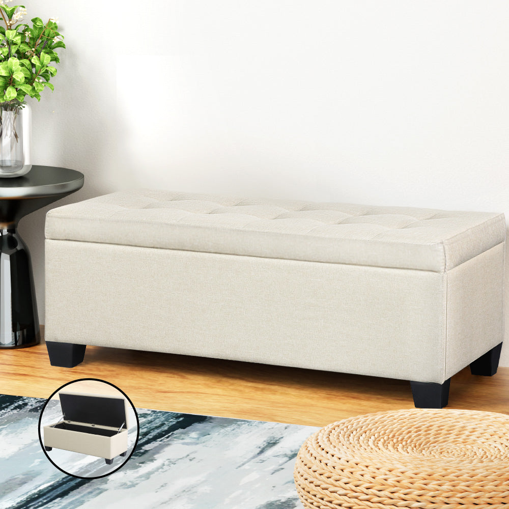 Ottomans & Footstools: Artiss Storage Ottoman Blanket Box 97cm Linen Beige