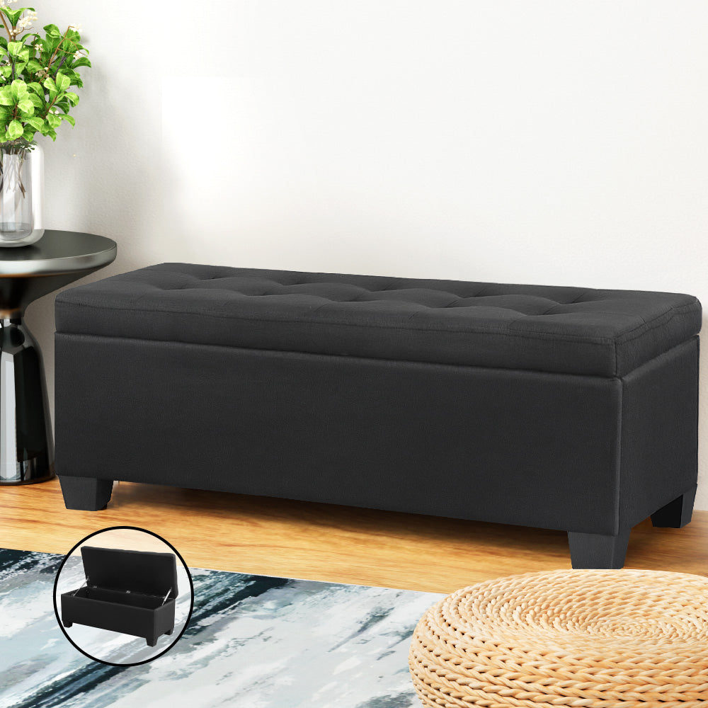 Ottomans & Footstools: Artiss Storage Ottoman Blanket Box 97cm Linen Black