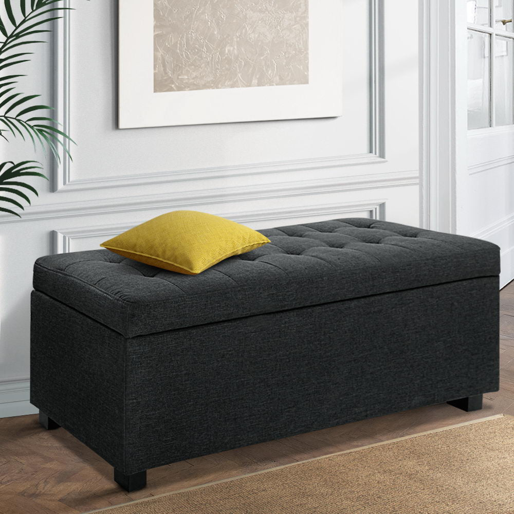 Ottomans & Footstools: Artiss Storage Ottoman Blanket Box 97cm Linen Charcoal