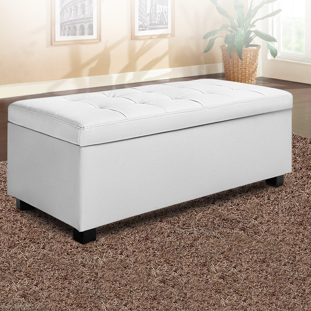 Ottomans & Footstools: Artiss Storage Ottoman Blanket Box 97cm Leather White
