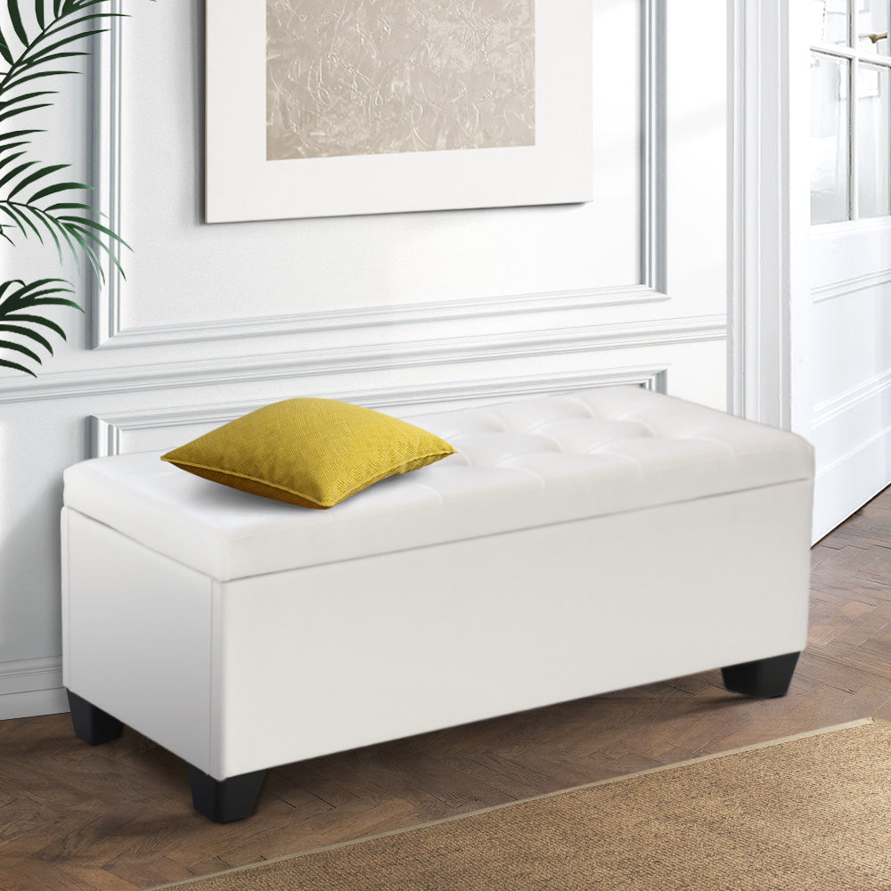 Ottomans & Footstools: Artiss Storage Ottoman Blanket Box 97cm Leather White