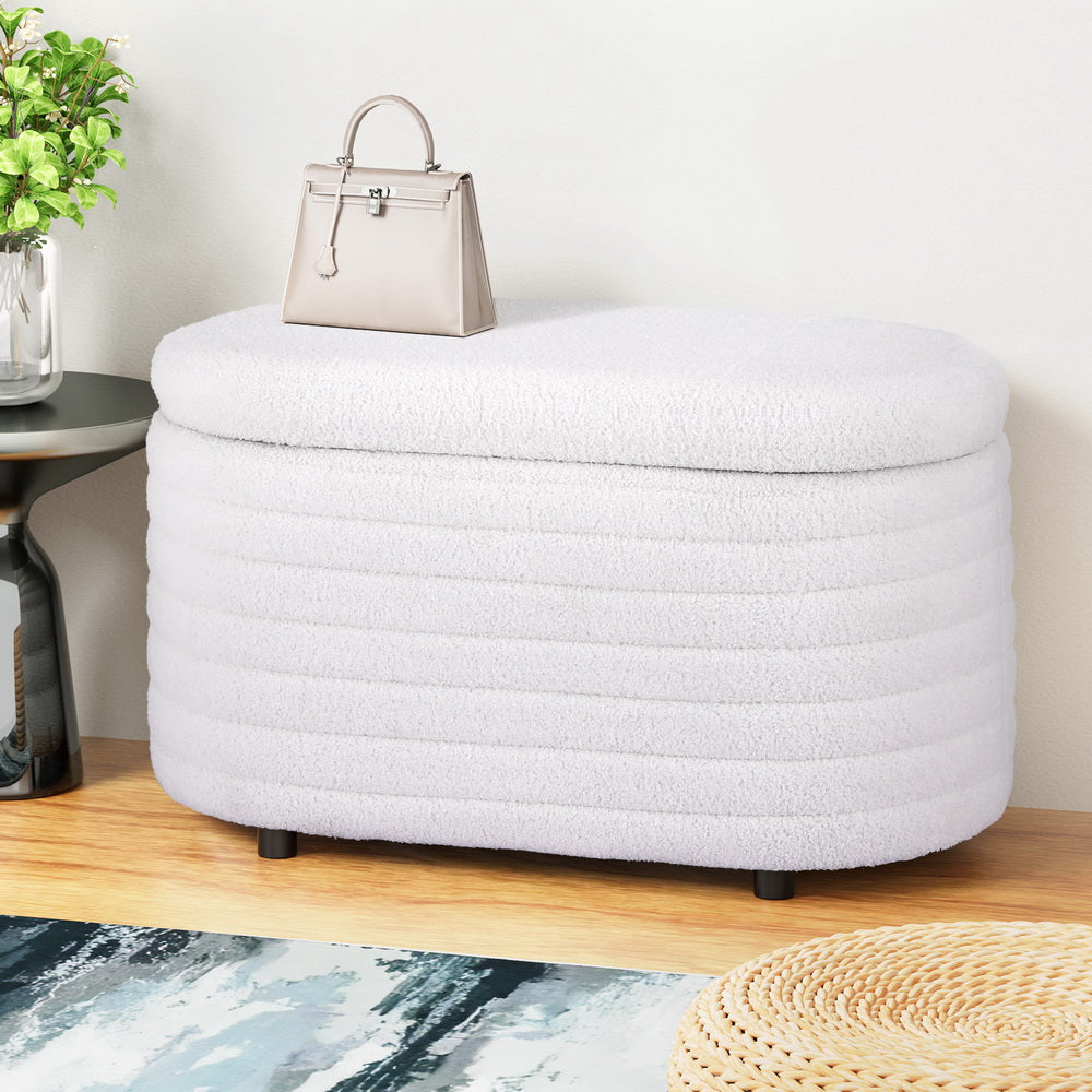 Ottomans & Footstools: Artiss Storage Ottoman Blanket Box 87cm Boucle Fabric Oval