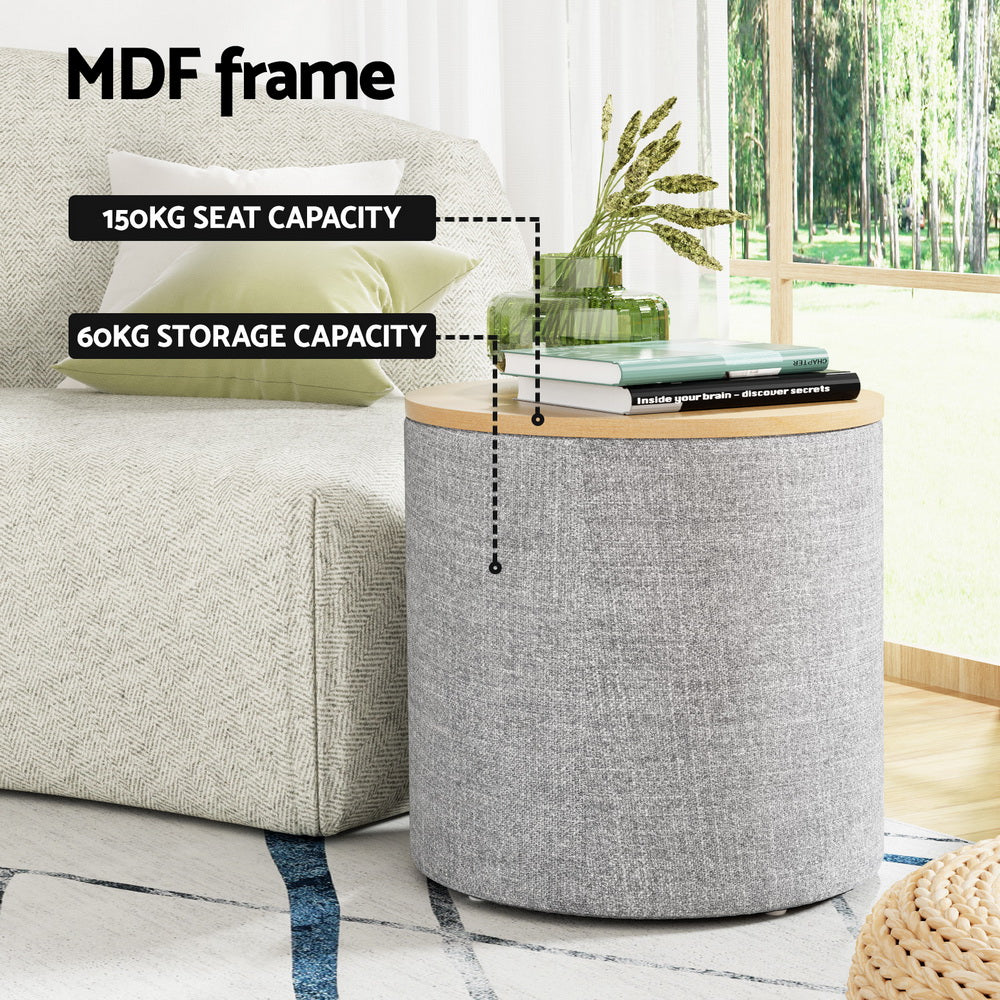 Ottomans & Footstools: Artiss Storage Ottoman Blanket Box 40cm Linen Round Grey