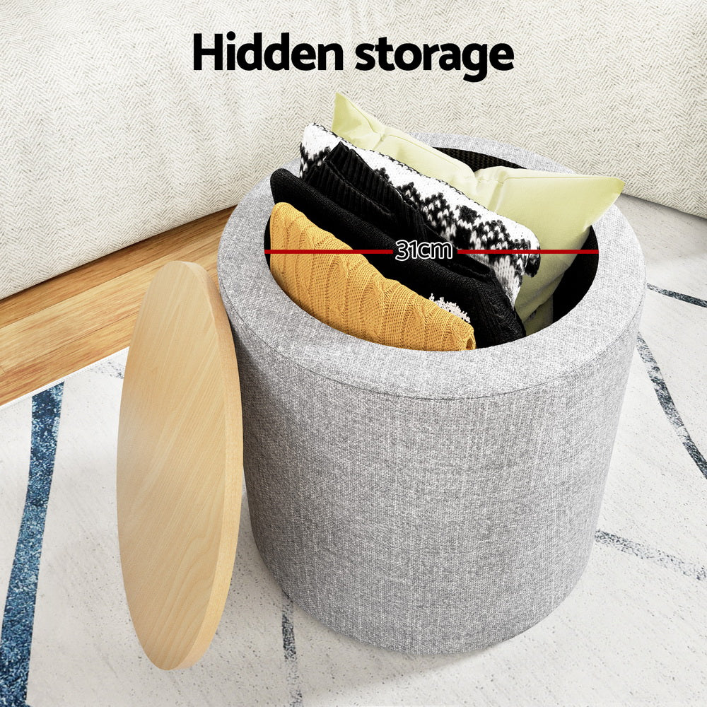 Ottomans & Footstools: Artiss Storage Ottoman Blanket Box 40cm Linen Round Grey