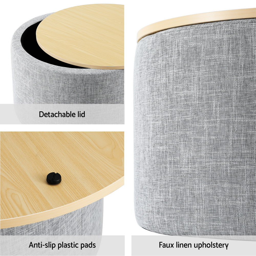 Ottomans & Footstools: Artiss Storage Ottoman Blanket Box 40cm Linen Round Grey