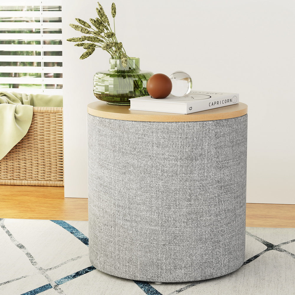Ottomans & Footstools: Artiss Storage Ottoman Blanket Box 40cm Linen Round Grey